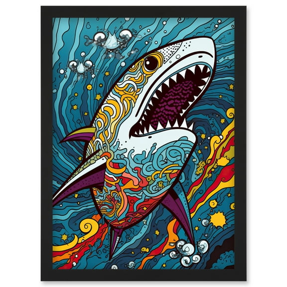 Shark Acrylic Painting Colourful Psychedelic Patterns Aquatic Animal Pop Art Artwork Framed Wall Art Print A4