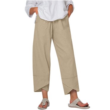 lcziwo Capri Pants for Women Casual Summer Cotton Linen Pants Solid Color Loose Elastic Waist Capris Trousers Wide Leg Cropped Pants 2024,Purple,M