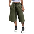 thumbnail image 2 of Womens Elastic Waist Drawstring Bermuda Shorts, Oversized Loose Fit Raw Hem Casual Knee Shorts Army Green XL, 2 of 6