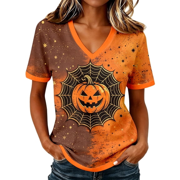 Yuncity Women Halloween Shirts Pumpkin Graphic Print V Neck Tshirts Summer Fall Short Sleeve T-Shirts Casual Loose Fashion Tops Size L