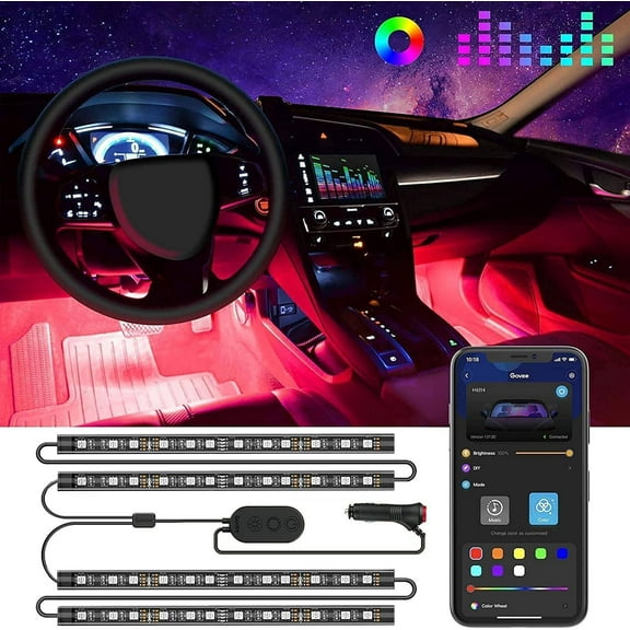 Car LED Lights, Smart Car Interior Lights with App Control, RGB Lights with DIY Mode and Music Mode, 2 Lines Design LED Lights for Cars with Car Charger, 12V
