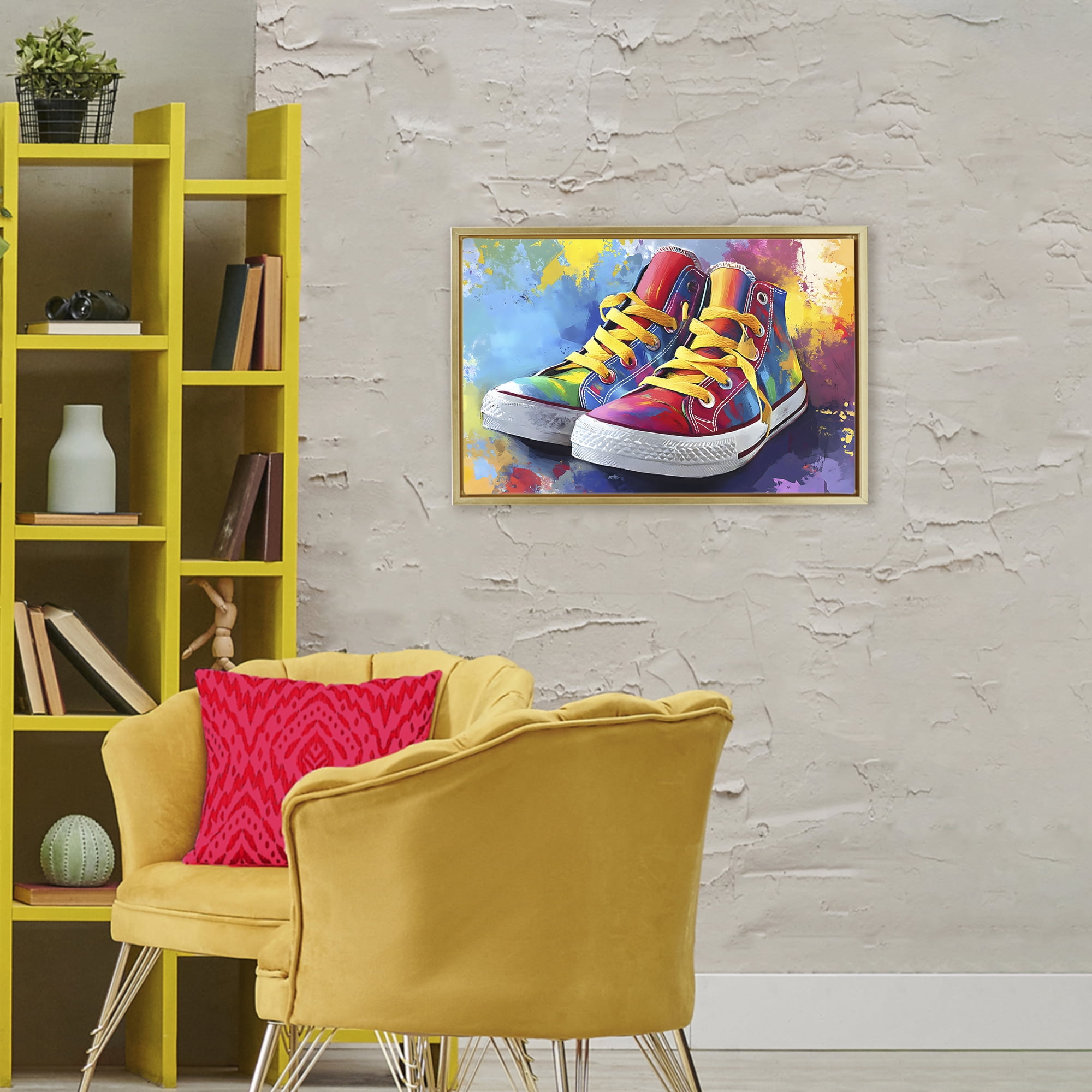 Stupell Industries High Tops with Yellow Laces Gold Framed Floater Canvas Wall Art, design by Creative Studio