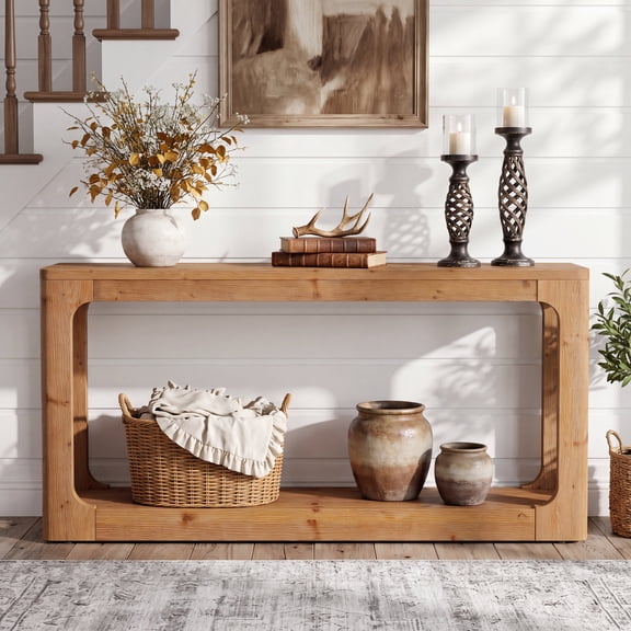 Finmind 2-Tier Solid Wood Console Table, 63-Inch Storage Sofa Table Behind The Couch for Home Hallway, Entrance, Rustic Brown