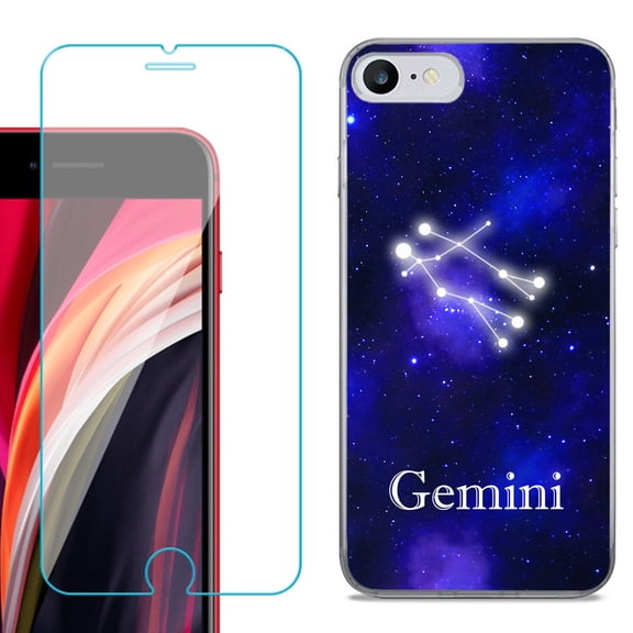 Slim-Fit Fashion Gel Phone Case for iPhone SE 2022, with Tempered Glass Screen Protector, by OneToughShield ® - Zodiac / Gemini
