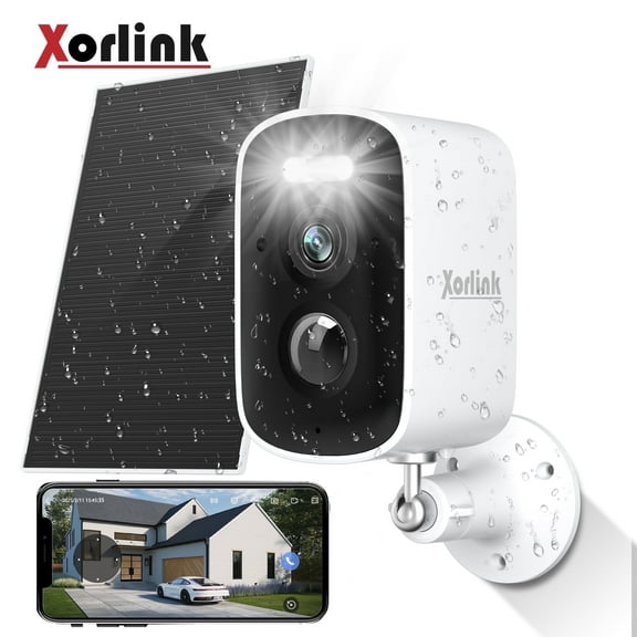 Xorlink 2K Wireless Outdoor Solar Security Camera with Spotlight, Waterproof PIR Detection, 2.4Ghz Wi-Fi, Rechargeable Battery Powered Home Surveillance Camera with Color Night Vision, 2-Way Audio