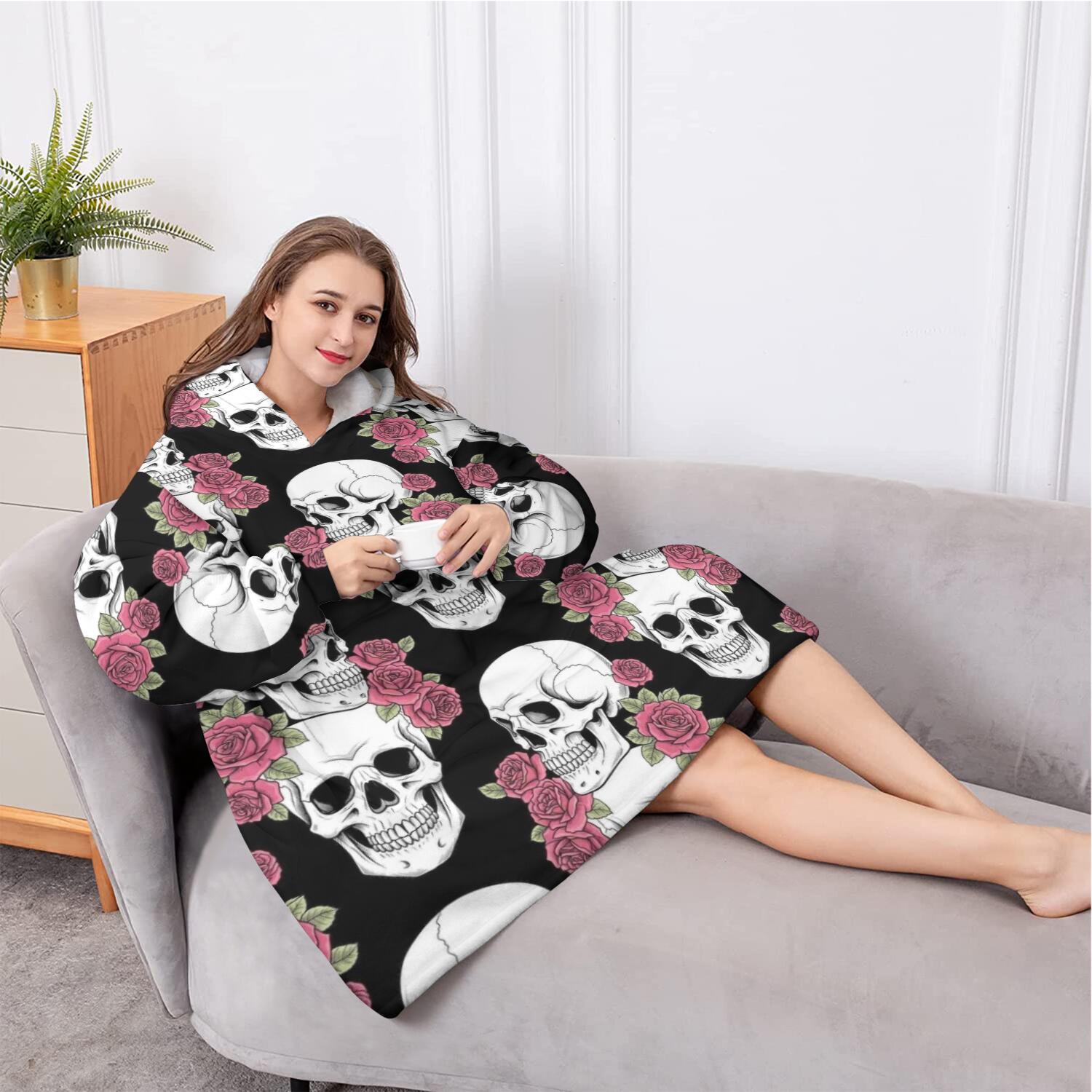 Oversized Wearable Blanket Hoodie,Black Skull Rose Pattern Sherpa Blanket Hoodie with Super Pockets,Super Warm Fuzzy Pullover for Women & Men