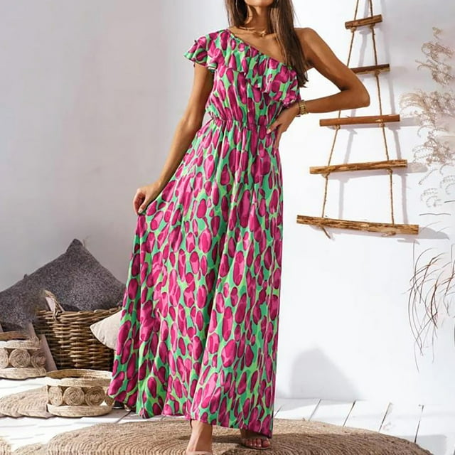 FcBaudy Robe Sans Manches à Col Rond, Robes d'Été pour Femmes, Robes pour Femmes Mode Robe Bohème d'Été pour Femmes Épaule Sans Manches Robe à Taille Élastique Robe Maxi de Plage Robe à Épaule Fluide Robe pour Femme
