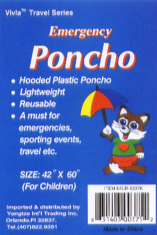 Vivla Emergency Kit Poncho, Pocket Size, 40" x 60", Rain Poncho