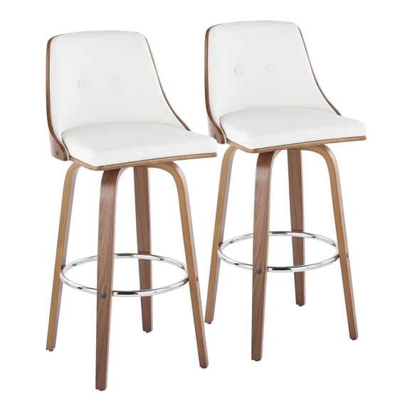 LumiSource Walnut Wood, Chrome Metal, White PU Gianna Fixed-Height Barstool - Set of 2