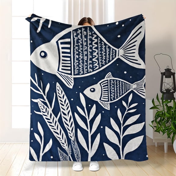 Cozy Navy Blue Flannel Throw Blanket with Marine Life Fish & Aquatic Plants - Soft All-Season Bedspread Suitable for Sofa, Bed, or Travel - Contemporary Bedding in Deep Blue Tones