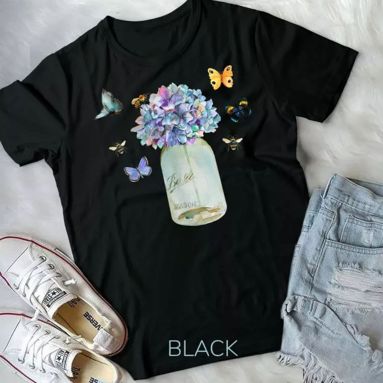 Vintage Tee Mason Jar Bee Wildflower Cottagecore Butterfly Vintage Cute Unisex T-Shirt Birthday Gifts