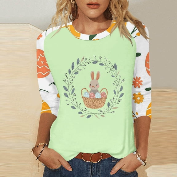 Cavosen Happy Easter Womens Tops Three Quarter Sleeve Length Summer Bunny Floral Print Blouse Raglan 3/4 Sleeve Crewneck Festival Shirts Vacation Holiday T Shirts Green L