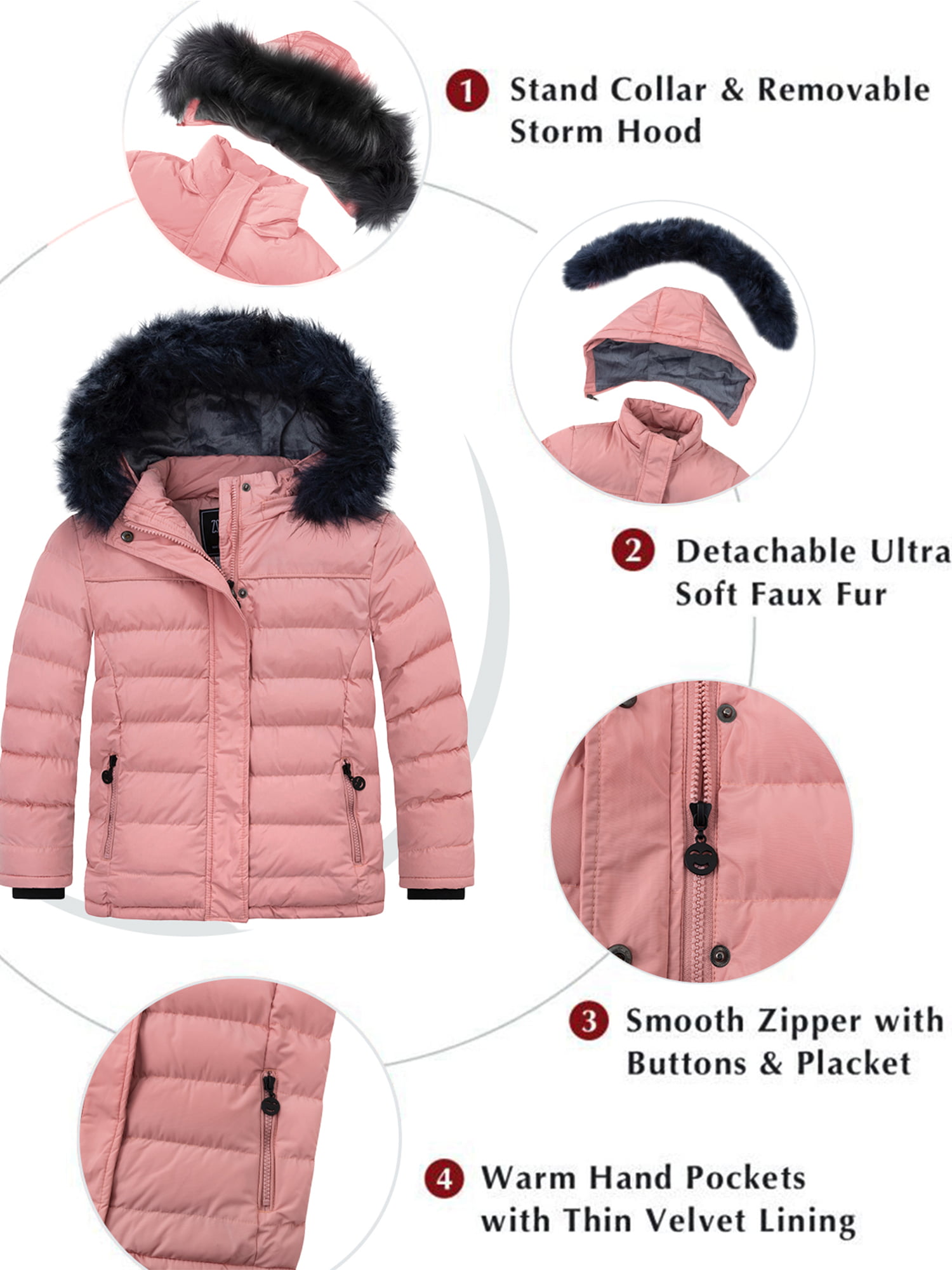 Padded Puffer Jacket Puffy Pink 14/16 Girls\' Coral Winter ZSHOW Coat Waterptproof Jacket Windproof