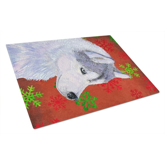Siberian Husky Red Green Snowflake Holiday Christmas Glass Cutting Board Large