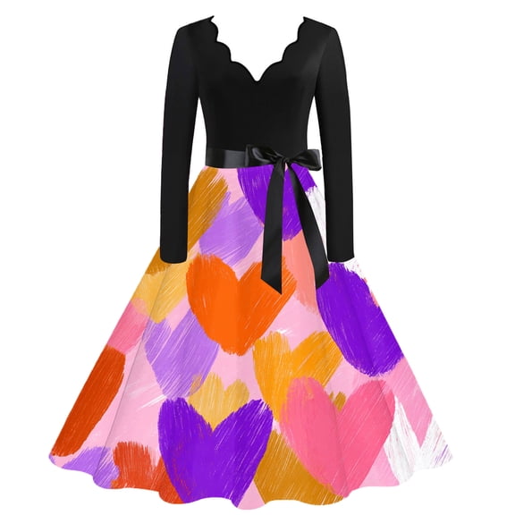 Valentine Dress for Women Retro Long Sleeve V-Neck Cocktail Dresses with Belt Love Heart Printing A-Line Dress Hot Pink M