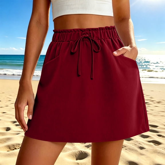 Wovilon Women's Drawstring Waist A-Line Mini Skirt with Side Pockets, Relaxed Fit Cotton Spandex Short Skirt, Lightweight Breathable Versatile Solid Color