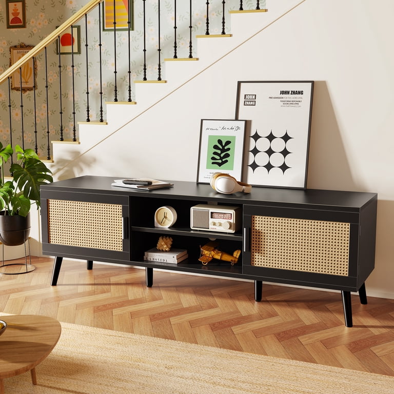 Amadwell Rattan TV Stand for 65" TVs, Black photo 4