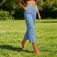 thumbnail image 4 of Lenpel Capri Pants for Women Lightweight Pull on Trendy Button Cropped Trousers Casual Loose High Waist Capri Clothes for Beach Vacation, 4 of 6