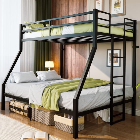 Twin Over Full Size Bunk Bed, UHOMEPRO Heavy Duty Metal Bunk Bed Frame & Full Guardrails Loft Bed Frame with 2 Ladders for Adults Teens Reinforced, Space Saving for Guest Room, Dorm, Kids Bedroom