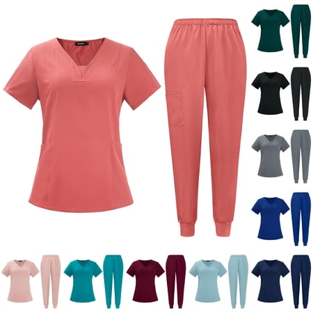 Minjewel Women s Stylish V-Neck Short Sleeve Scrubs for Women with Pockets Lightweight & Breathable Scrub Set for Medical Professionals Wine 2XL