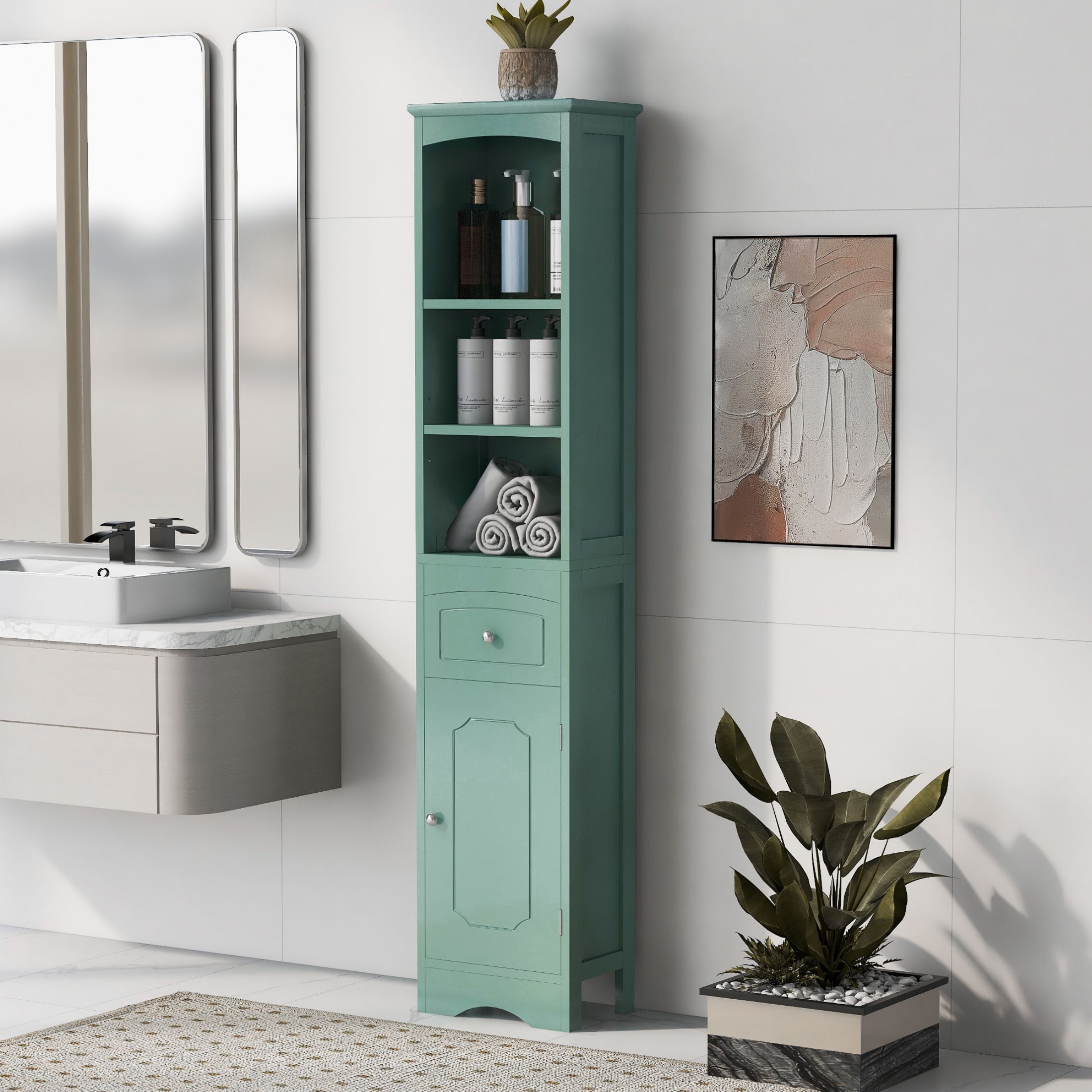 AENKYO Bathroom Cabinet with Adjustable Shelves, High Storage Cabinet with Open Spaces and Drawer, Green