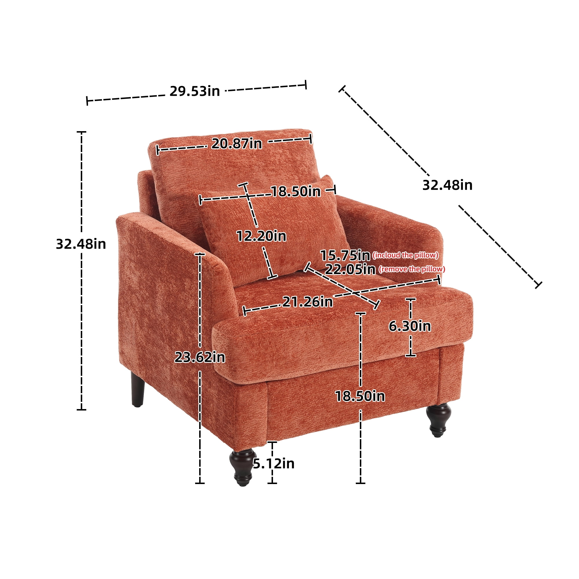 MAYEERTY Wood Frame Armchair, Modern Accent Chair Lounge Chair Tufted Club Chair, Mid Century Modern Arm Chairs with Studded, Solid Wood Frame, for Bedroom, Reading (Orange Chenille)