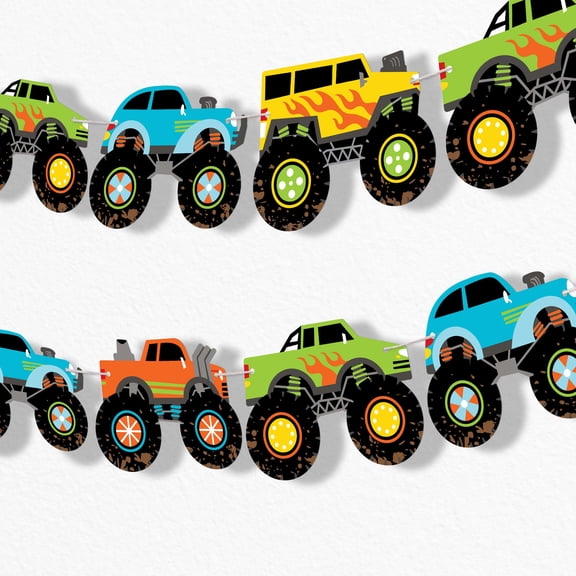 Big Dot of Happiness Monster Truck Garland Banner, Kids Birthday Party Decorations, Smash and Crash Banner Backdrop, 30 Feet of Cord, 15 Double-Sided Monster Trucks