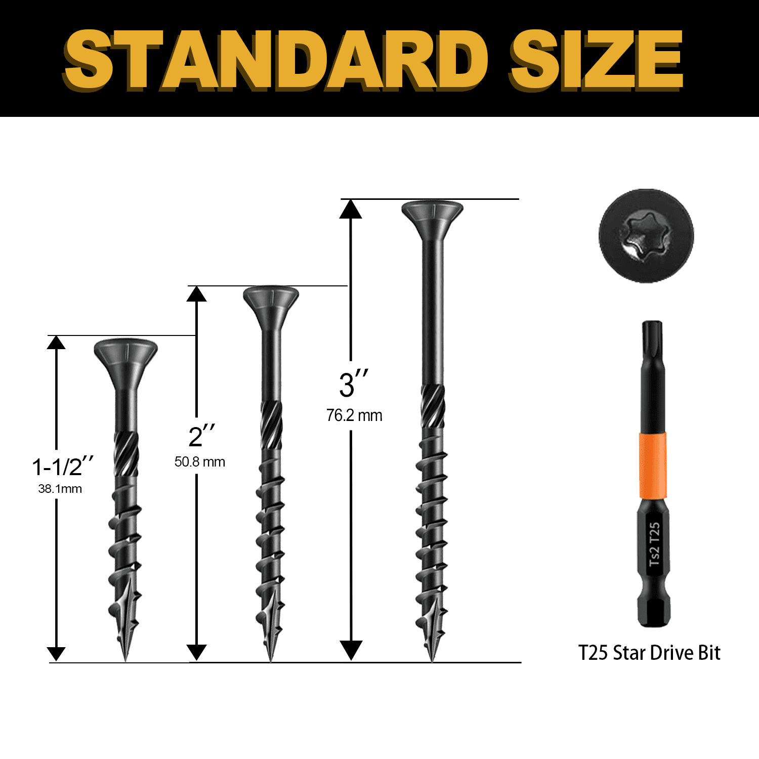 240pcs Black Deck & Wood Screws Assortment Kit, #8 x 1 - 1/ 2", #8 x 2", #10 x 3" Sizes, Epoxy - Coated for Rust Resistance, Torx Drive Head, T25 Star Bit Included, Ideal for Outdoor Decking,