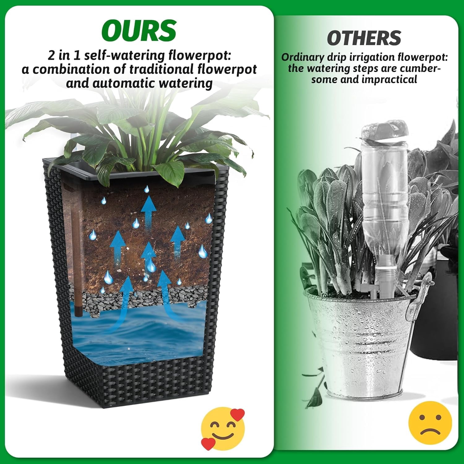 Garvee 15.6" Tall Planter Pots Set of 2, Rattan style, Tray & Water Level Monitor, Black