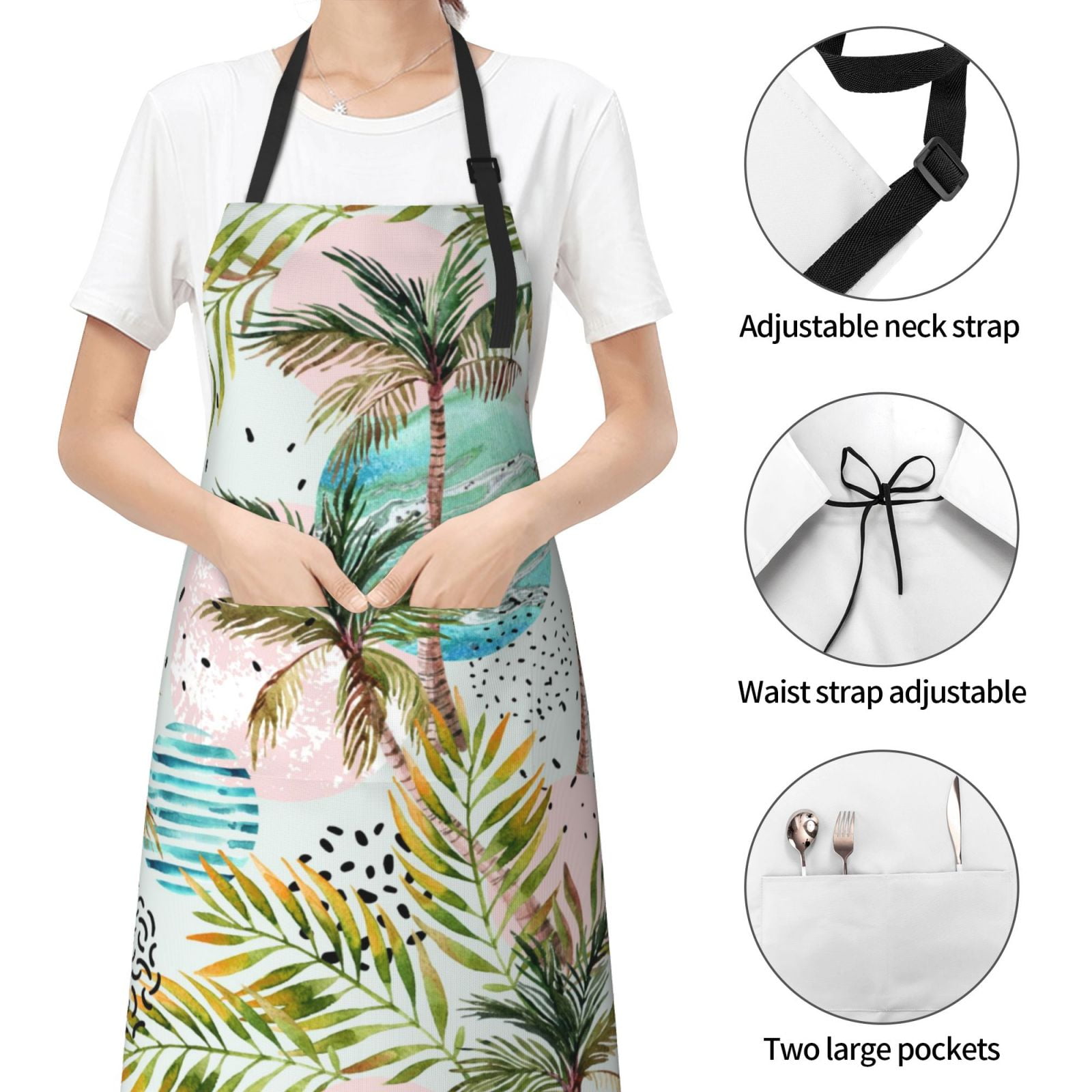 Kdxio Watercolor Palm Tree Apron with Pockets Adjustable Kitchen Aprons for Men Women Waterproof Aprons for Cooking,Drawing,Crafting, Baking Household Cleaning
