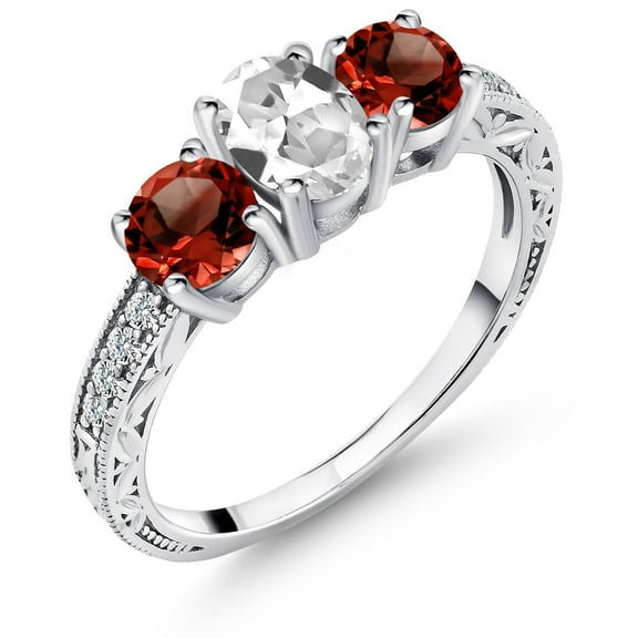 Gem Stone King 2.22 Ct Oval White Created Sapphire Red Garnet 925 Sterling Silver Ring (Size 6)