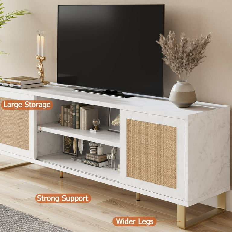 TV Stand for 65 Inch TV White Entertainment Center Modern TV Console Table Rattan TV Stand with Storage Doors and Shelves Low TV Console Media