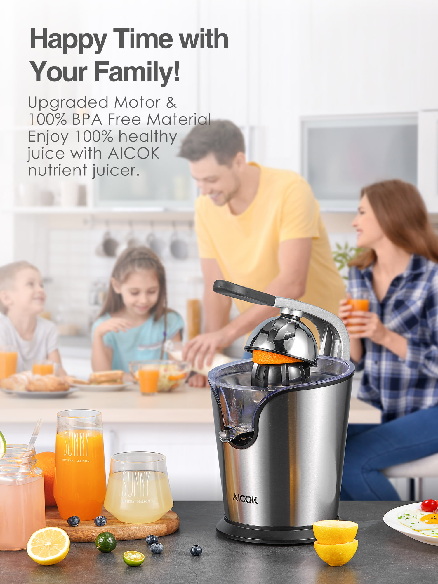 AICOK Orange Juicer Electric Citrus Juicer with Humanized Handle Powerful 160W Silent Motor Stainless Steel BPA-Free,Double Size Cones,Silver 