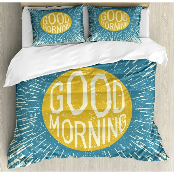 Saying Duvet Cover Set Queen Size, Inspirational Morning Saying on Sun with Dashed Lines Background, Decorative 3 Piece Bedding Set with 2 Pillow Shams, Earth Yellow Blue Beige, by Ambesonne