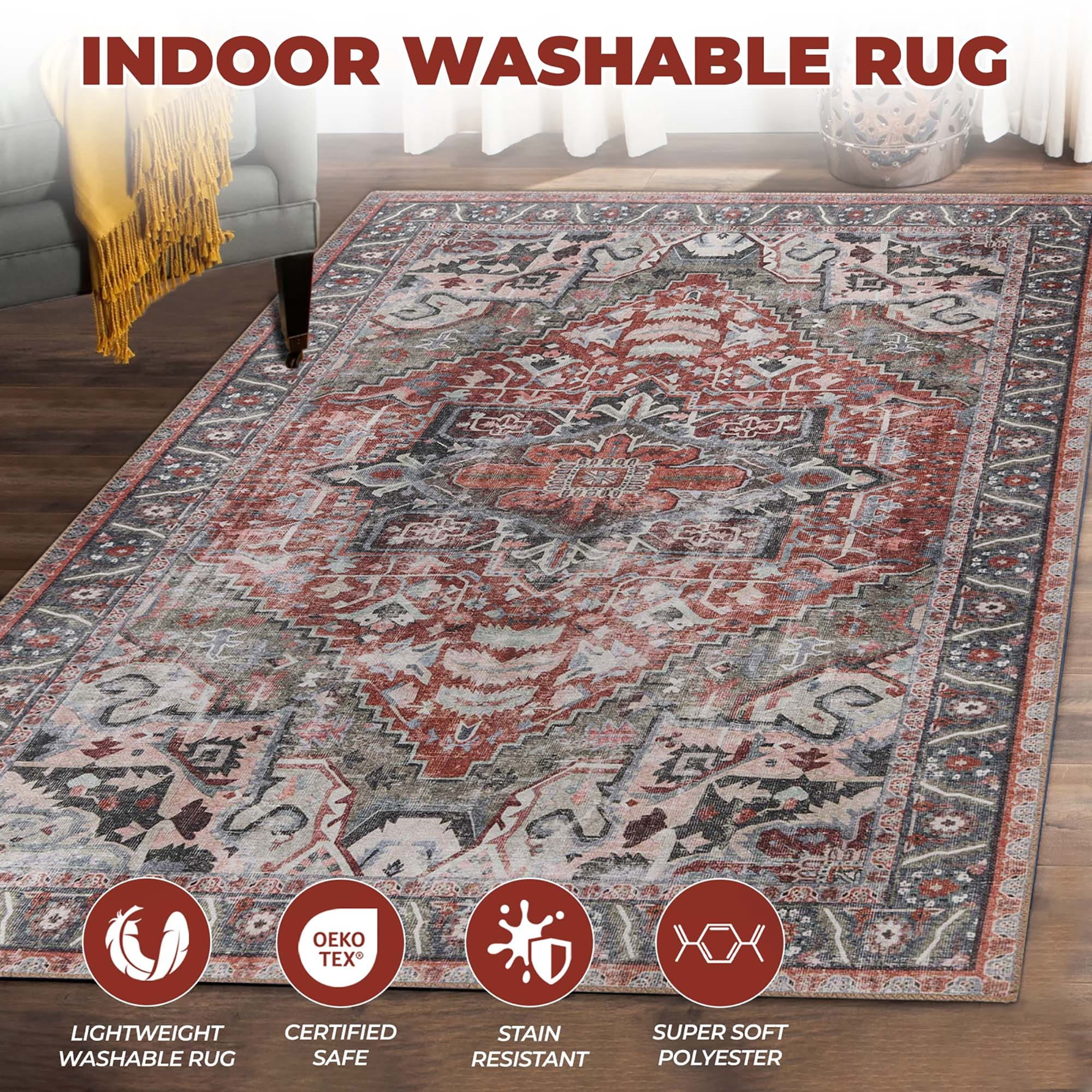 Superior Rustic Medallion Washable Indoor Area Rug, 3' 6" x 5' 6", Brown