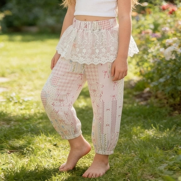 Favoffer Girls Bowknot Plaid Lace Tapered Pants Printed Anti Mosquito Elastic Waist Lantern Trousers Travel Gathering Weekend Wear