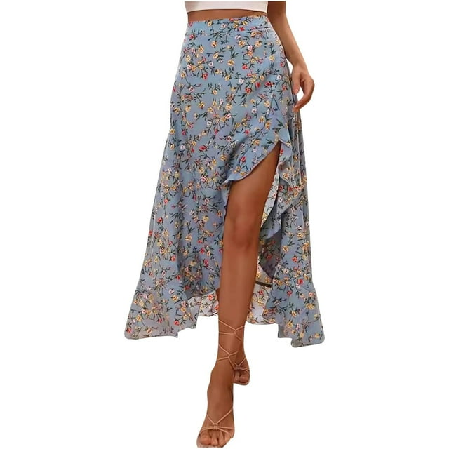 Sentmoon Jupes Décontractées pour Femmes Surdimensionnées Fendue Taille Haute Boho Jupes pour Femmes Automne Fluide Plissée Imprimé Floral Ample Extensible Jupe pour Femmes Douce et Confortable pour Visite en Librairie TTG