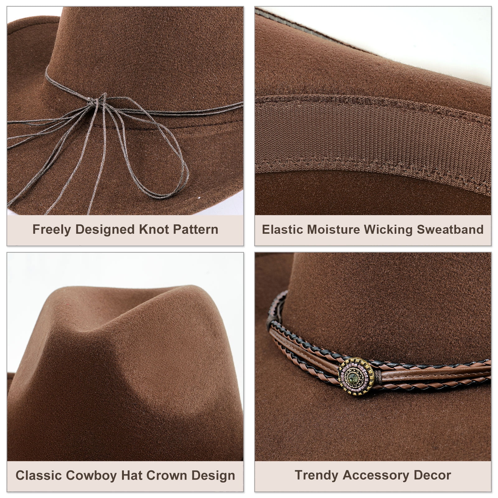 2992 4pcs Western Cowboy Hat For Men Women Classic Cowgirl With Buckle Belt Classic Western Felt Cowboy Cowgirl Hat for Women Men Wide  main image 3