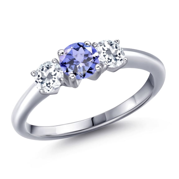 Gem Stone King 925 Sterling Silver Blue Tanzanite and White Topaz Engagement Ring for Women | 1.12 Cttw | Round 5MM | Gemstone December Birthstone | Size 8