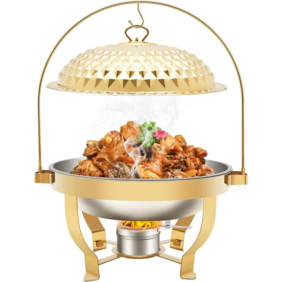 8L/8.5QT Gold Chafing Dishes, Stainless Steel Round Chafer, Hanging Lid Dining Stove with Water&Food Pan for Wedding Parties Banquets Events