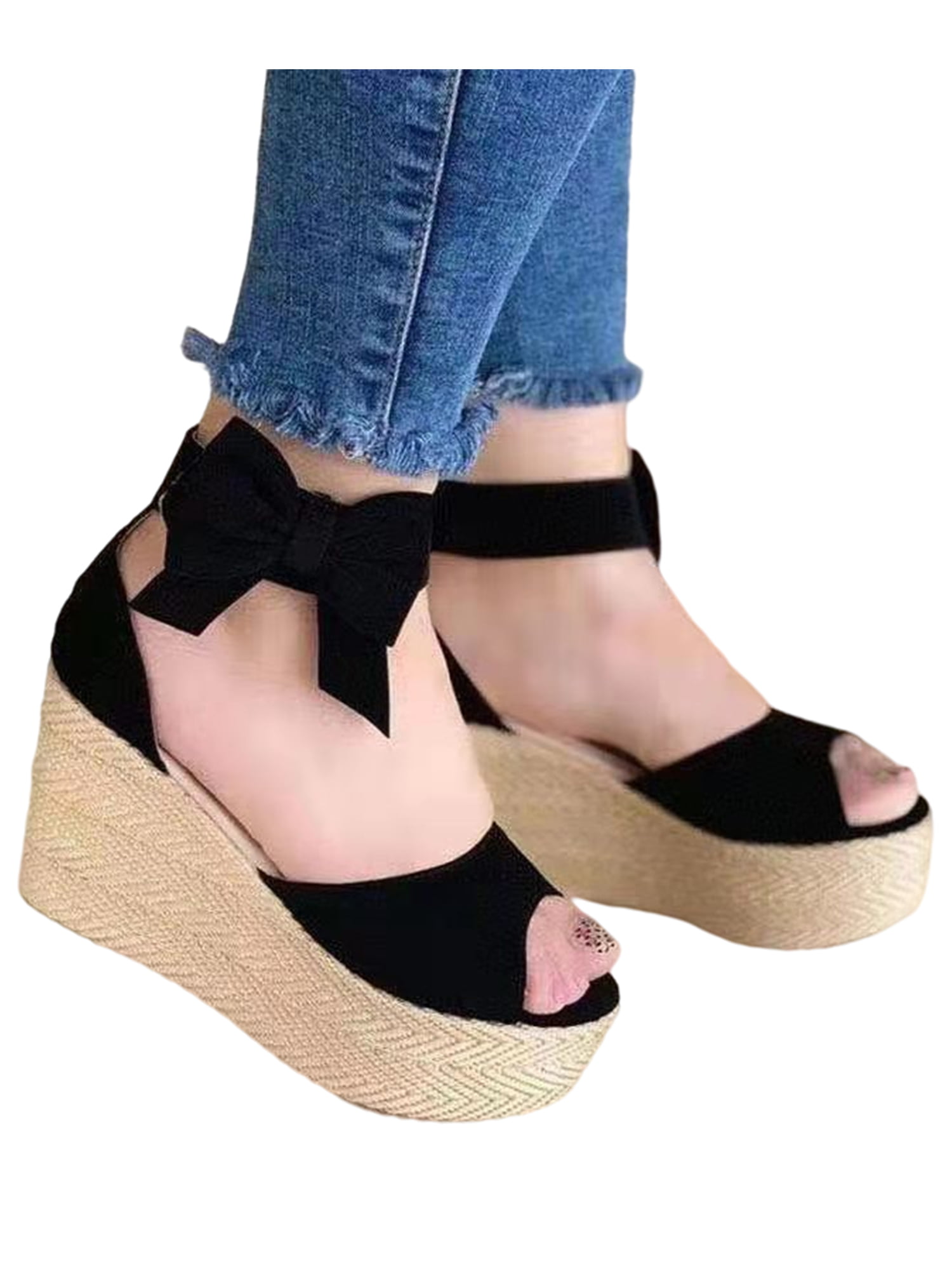 New Womens High Wedge Heel Platform Sandals Studs Ankle Strap Peep Toe Shoes 