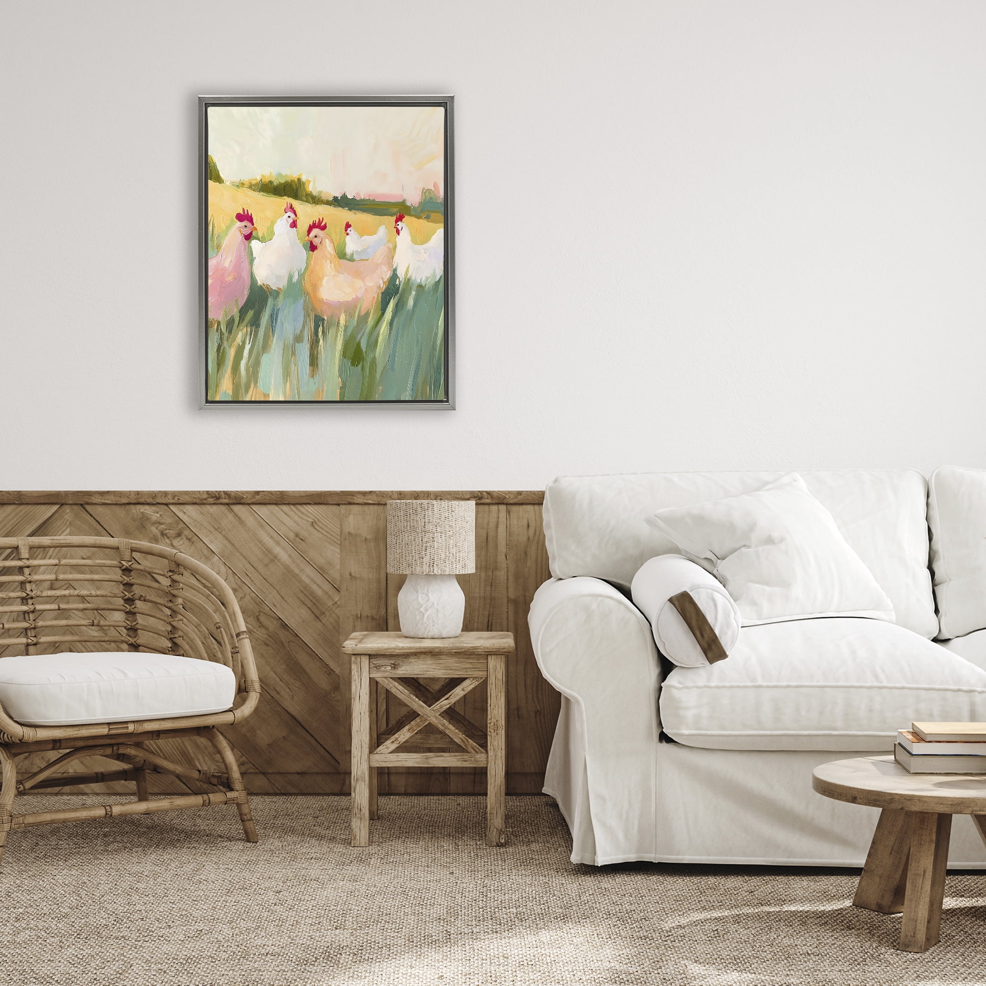 Stupell Industries Sunlit Flock of Chickens Gray Framed Floater Canvas Wall Art, design by The Prints Vibe