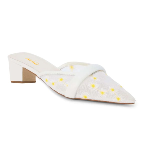 XYD Women Embroidery Mesh Low Block Heels Slip on Pointed Toe Mules Fashion Dress Casual Backless Pumps Size 7 White Daisy