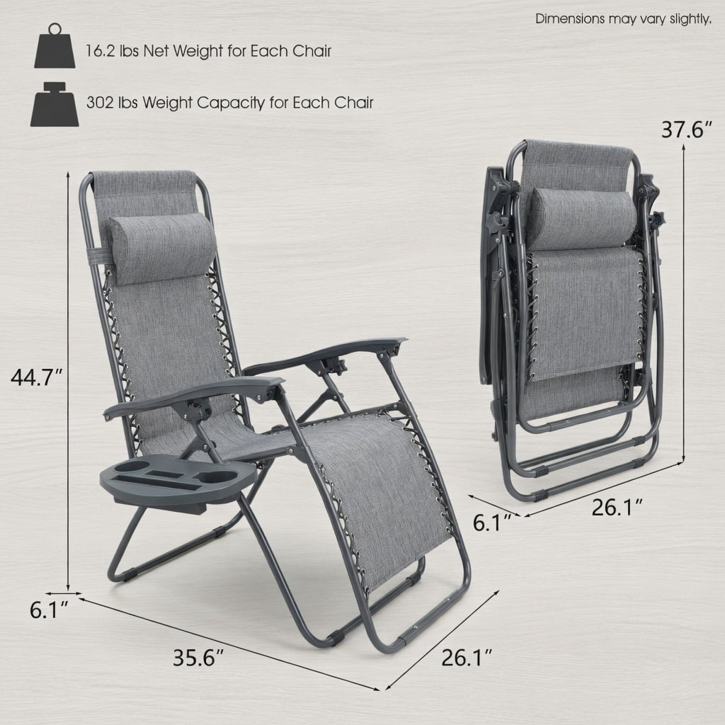 Hommoo 2-Pack Zero Gravity Folding Lounge Chairs with Adjustable Headrests, Breathable Waterproof Fabric, Heavy-Duty Steel Frame, Gray