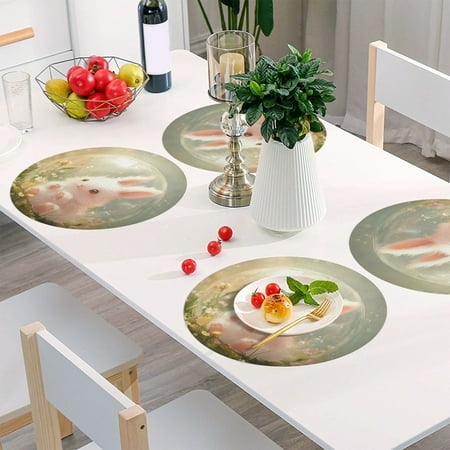 

Round Grid Placemat One Sizex4 Round Placemat PVC Plate Mat，15.4 Inch Non-Slip and Heat Resistant Table Placemat Dining Room Placemat Cartoon Beautiful Pink Rabbit