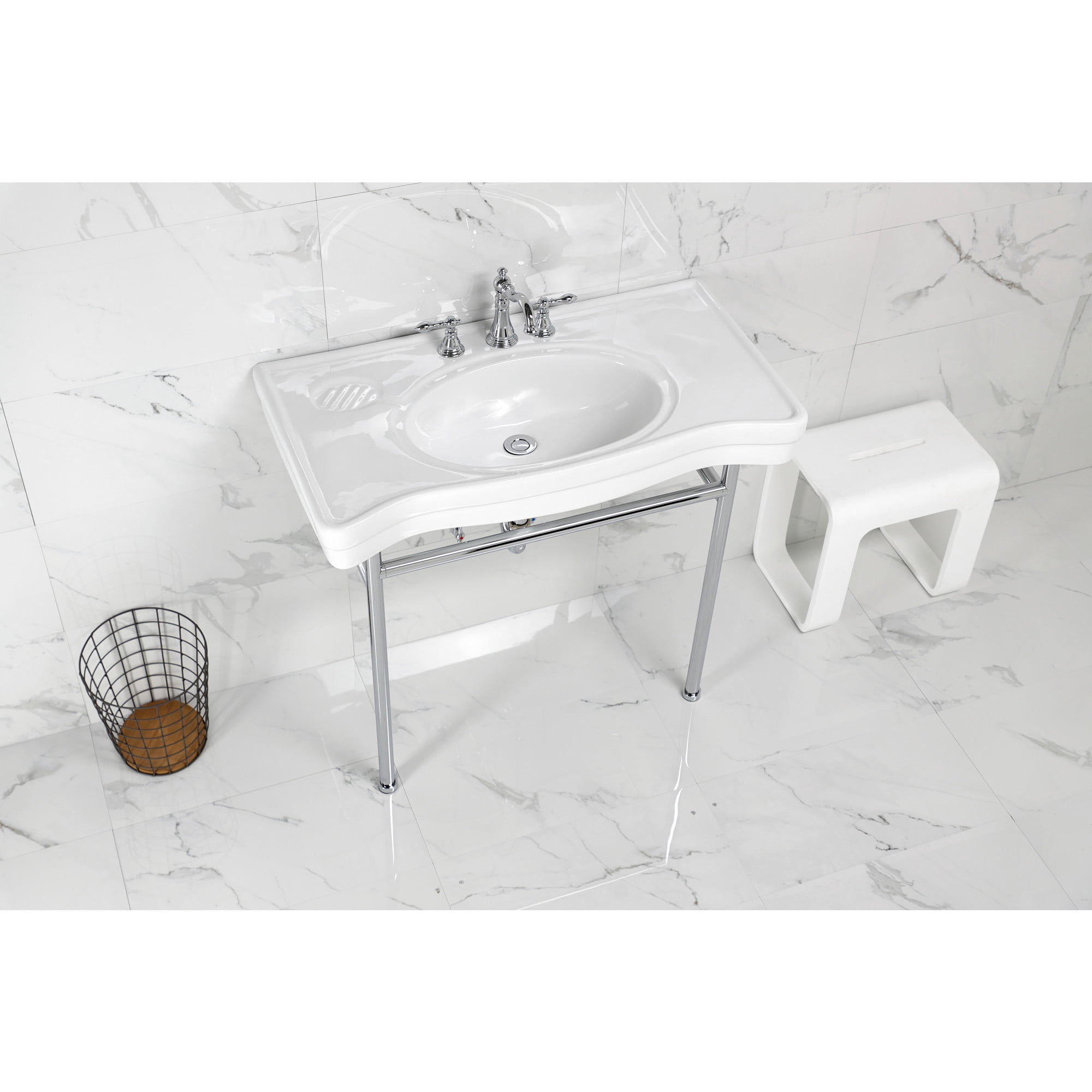 Kingston Brass VPB28140W81 Bristol 36" Ceramic Console Sink with Stainless Steel Legs (8-Inch, 3-Hole), White/Polished Chrome