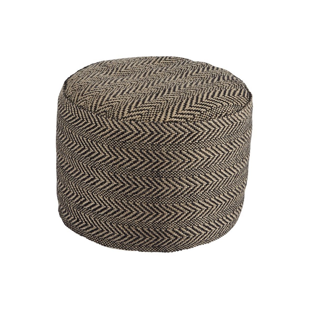 Round Shaped Pouf with Jute Cover and Chevron Pattern, Black and Brown