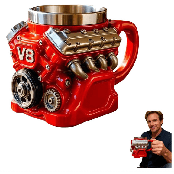 Retro Engine Coffee Mug, V8 Engines Stainless Steel Cup, Personalized Double Wall Insulation Car Mug with Handle Perfect for Father's Day, Easter, Husband, Mechanic, Car Enthusiast