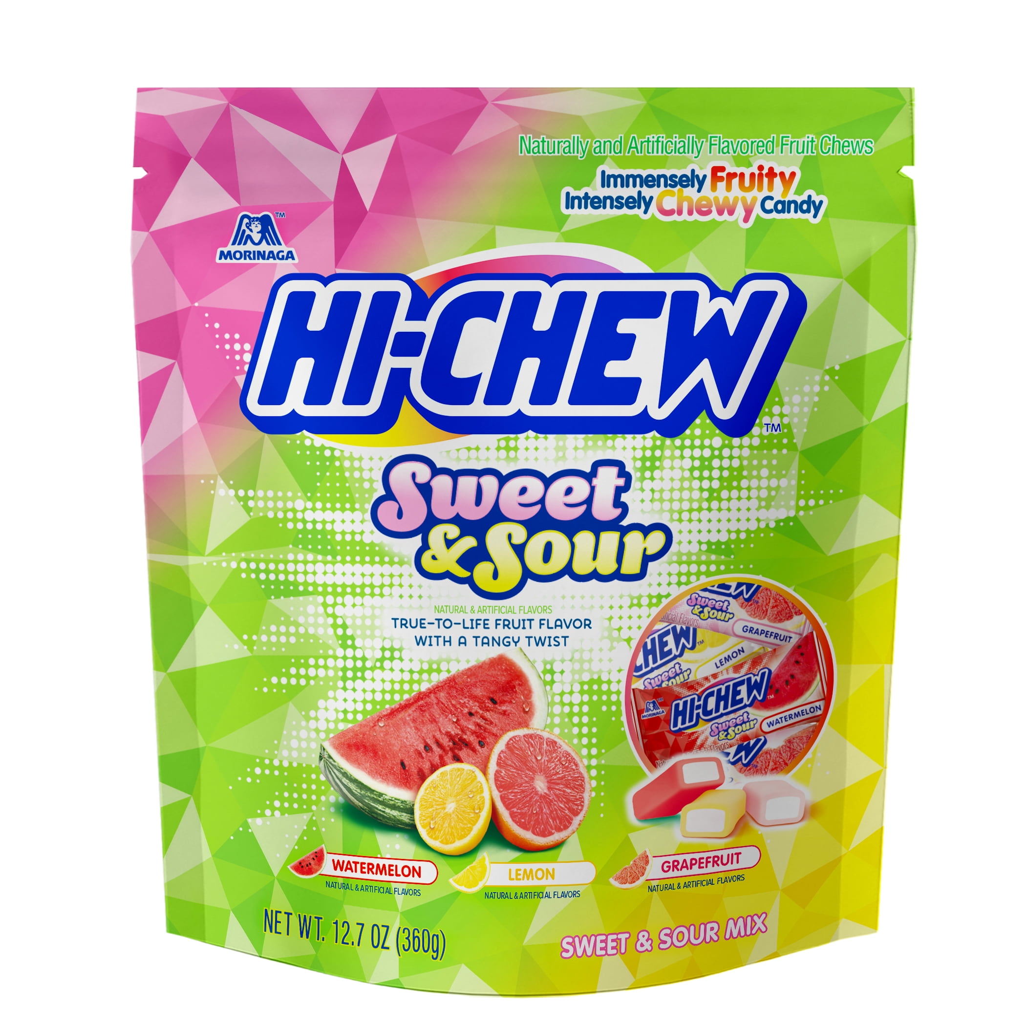 HI-CHEW Sweet and Sour Mix, Watermelon Lemon Grapefruit, 4 Stand Up Pouches, 12.7oz each, Fun Soft & Chewy Candy, Juicy Fruity Candy Flavors - Individually Wrapped for Sharing