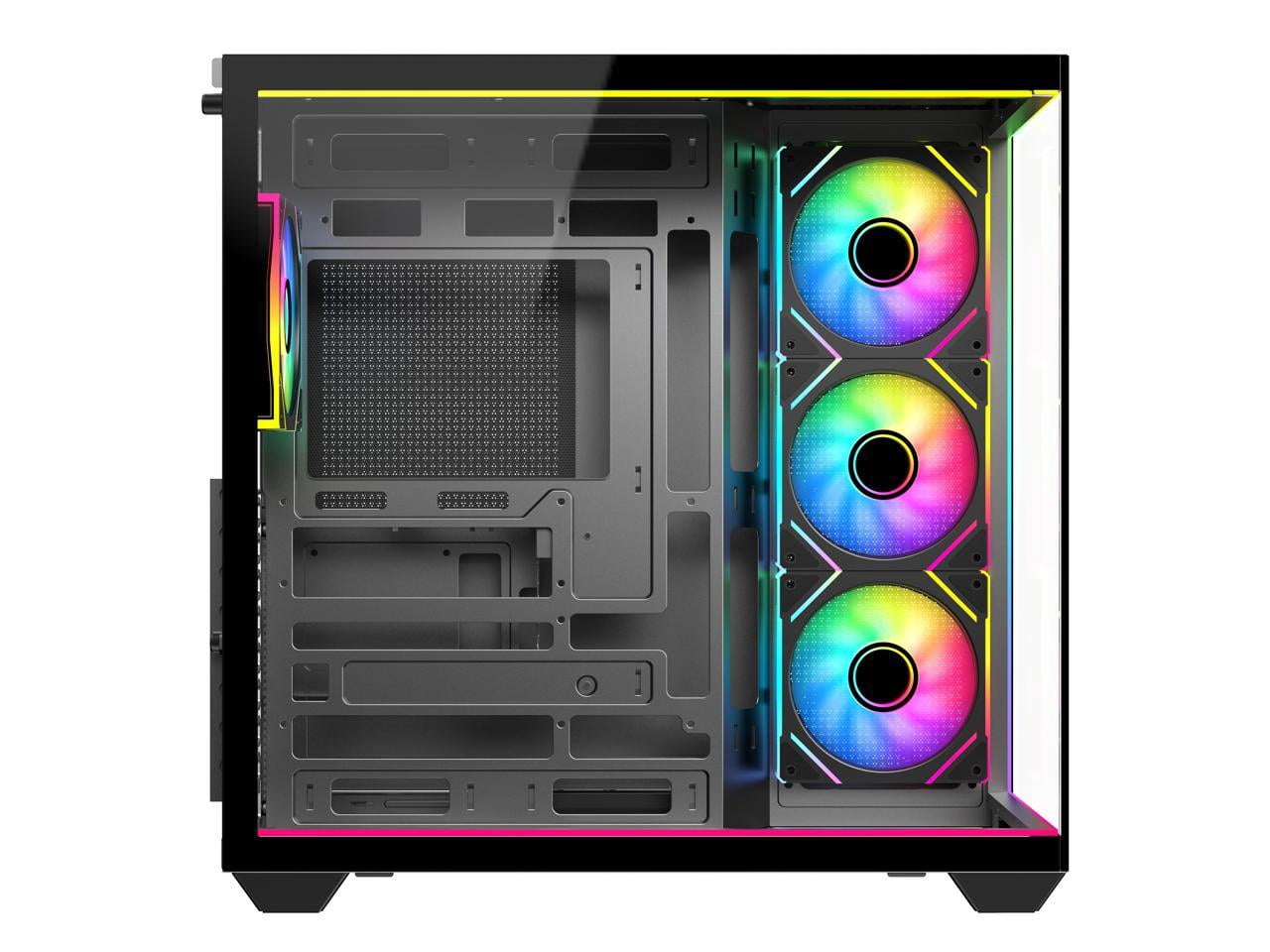 DIYPC IDX3-ATX-ARGB Black Dual USB3.0/ Type C Tempered Glass ATX Gaming Computer Case w/ Dual Tempered Glass Panel and 4 x ARGB PWM Fans (Pre-Installed). Integrated ARGB Light Strip.